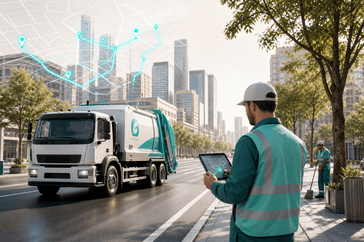 Municipal sanitation crew tracking routes and field evidence on a city map